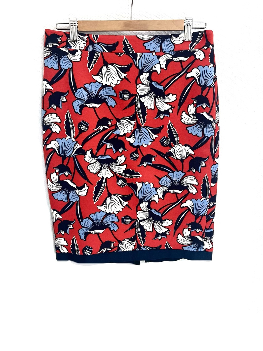 J. Crew Red Floral Pencil Skirt with Blue & White Blooms
